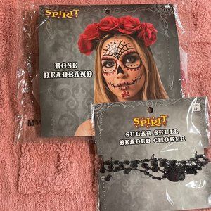Spirit Halloween Rose Headband and Sugar Skull Beaded Choker